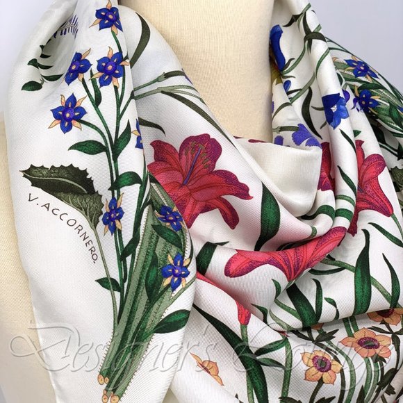 NWT GUCCI Flora Silk Twill Multicolor Logo 34" Square Scarf $495 Authentic - Picture 4 of 8